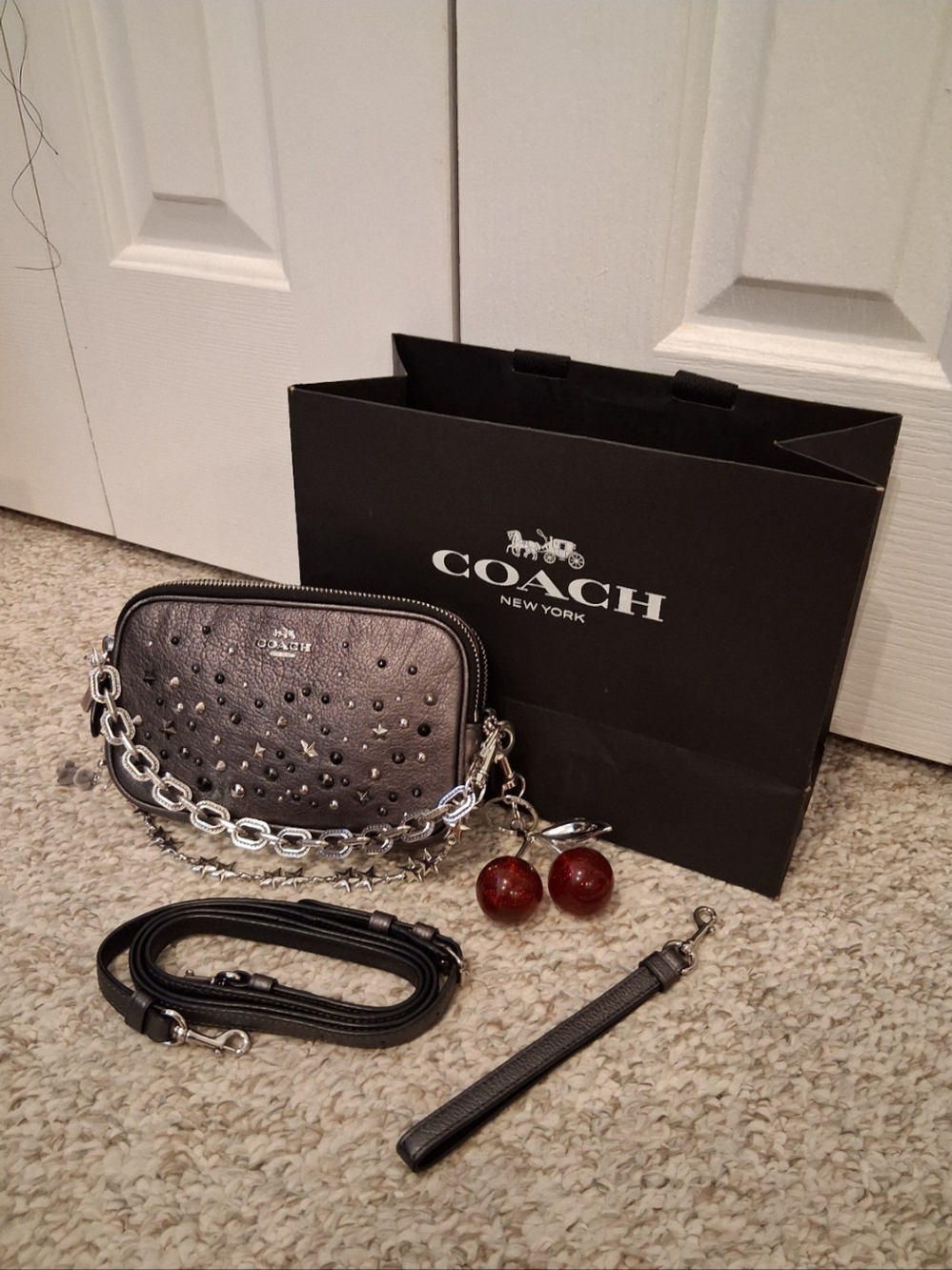 Coach Silver Leather Star Studded Double-Zip Crossbody Bag + Accessories